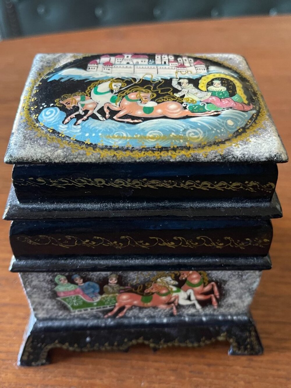 Vintage Russian Palekh Lacquer Miniature "Troika" 3 - Tower Jewelry Box